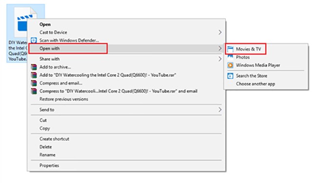 Cách thức kích hoạt tính năng này rất đơn giản, bạn chỉ cần nhấn phải chuột vào video đã lưu trên máy tính, chọn Open With > Movie & TV.