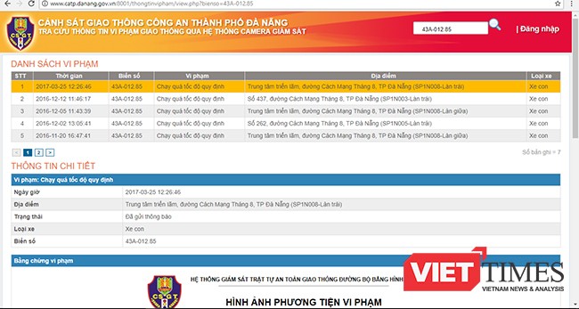 Ảnh chụp màn hình trên web tra cứu vừa được CA Đà Nẵng đưa vào hoạt động