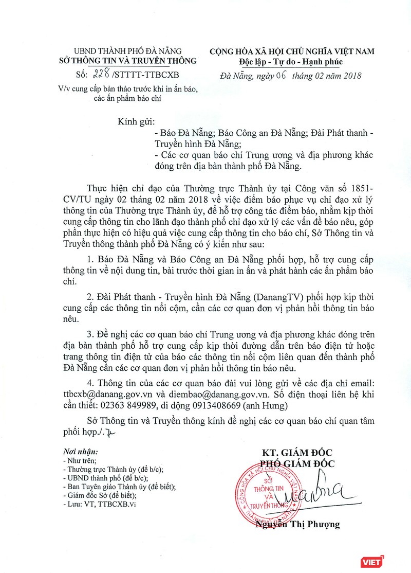 Đà Nẵng thu hồi văn bản yêu cầu báo chí cung cấp nội dung tin bài trước khi đăng báo ảnh 1 Công văn 228/STTTT-TTBCXB của Sở TT-TT TP Đà Nẵng