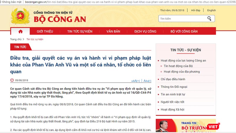 Website của Bộ Công an công bố thông tin khởi tố Vũ "nhôm" thêm tội danh mới