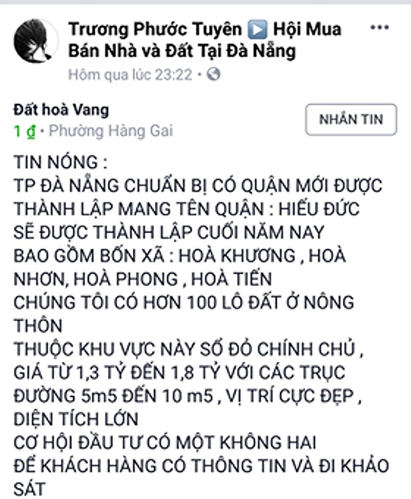 Nội dung tin đồi thất thiệt về việc Đà Nẵng tách huyện Hòa Vang thành 2 đơn vị hành chính đươc đăng trên mạng xã hội (ảnh Tấn Việt)