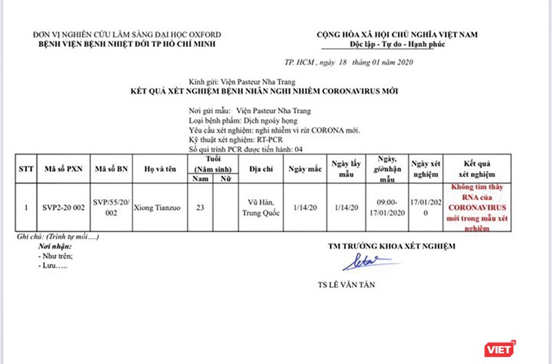 Phiếu xét nghiệm mẫu bệnh phẩm của du khách Xiong Tianzuo đối với chủng virus nCoV gây bệnh viêm phổi cấp tính ở TP Vũ Hán.