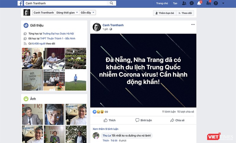 Thông tin trên trang facebook cá nhân về xuất hiện du khách Trung Quốc đến Đà Nẵng bị nhiễm virus Corona gây bệnh viêm phổi cấp (ảnh chụp màn hình)