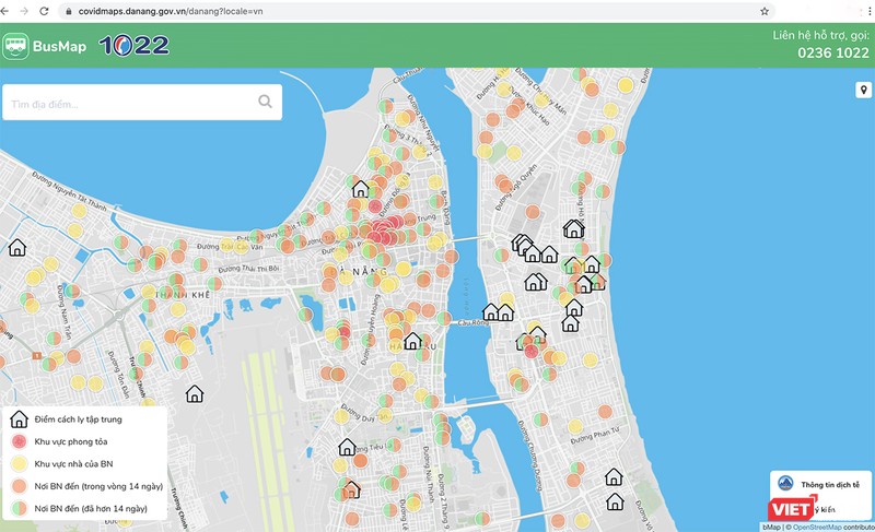 Giao diện bản đồ thông tin dịch tễ COVID-19 TP Đà Nẵng