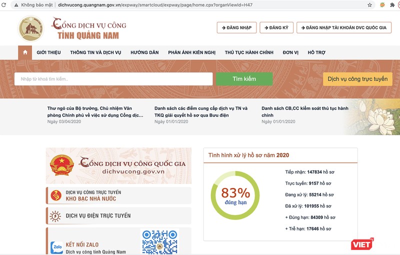 Giao diện Cổng dịch vụ công tỉnh Quảng Nam