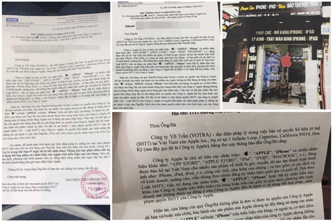 Nhiều cửa hàng tại TP.HCM nhận được văn bản khuyến cáo từđại diện pháp lý trong việc bảo vệ quyền sở hữu trí tuệ tại Việt Nam của Apple. Nhiều cửa hàng tại TP.HCM nhận được văn bản khuyến cáo từđại diện pháp lý trong việc bảo vệ quyền sở hữu trí tuệ tại Việt Nam của Apple.