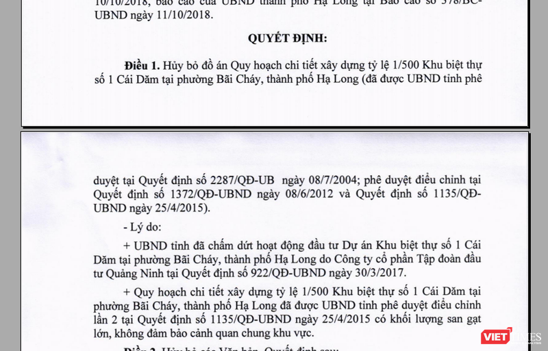 Hủy bỏ đồ án Quy hoạch chi tiết xây dựng tỷ lệ 1/500 Khu biệt thự só 1 Cái Dăm tại phường Bãi Cháy, TP Hạ Long.