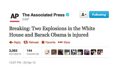 Thông điệp giả mạo AP của tin tặc đã khiến chỉ số Down Jones rớt 154 điểm trong vòng 2 phút trong năm 2013. Nội dung tweet: "Tin nóng: Hai vụ nổ ở Nhà Trắng và Barack Obama bị thương."