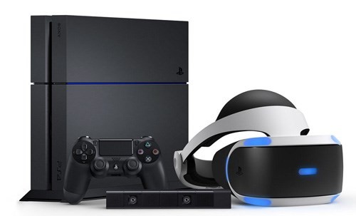 Headset PlayStation VR bên cạnh máy chơi game PlayStation 4. Headset PlayStation VR bên cạnh máy chơi game PlayStation 4.