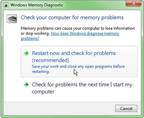 Hộp thoại Windows Memory Diagnostic.