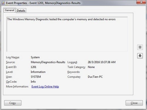 Event Viewer sẽ thông báo cho bạn biết về tình trạng của RAM.