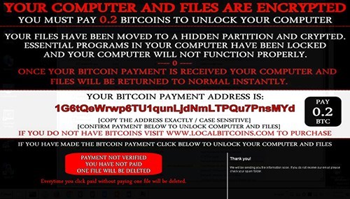 Một cảnh báo được đưa ra bởi ransomware Ranscam trên màn hình máy tính nạn nhân. Một cảnh báo được đưa ra bởi ransomware Ranscam trên màn hình máy tính nạn nhân.