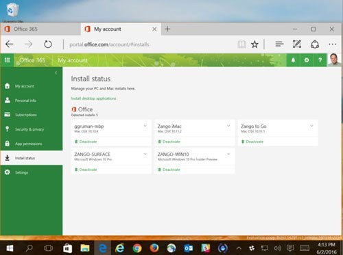 Hình 4. Office 365 thường giới hạn tài khoản doanh nghiệp chỉ được 5 bản cài đặt (đồng thời) trên máy tính (máy tính Windows hoặc Mac). Bạn có thể xem máy tính nào có Office 365 được kích hoạt Office 365 hay tắt sau khi đăng nhập vào tài khoản Office 365.