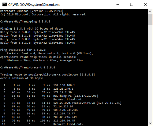 Lệnh ping và tracert để kiểm tra kết nối mạng có thông suốt hay không.