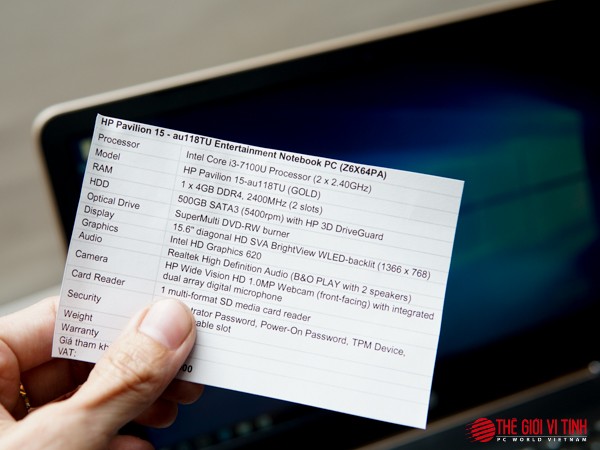 HPPavilion 15 - au118TU trang bị bộ xử lý Intel Core i3-7100U, RAM4GB, ổ cứng 500GB hỗ trợ công nghệ HP3DDrive Guard và cũng có thiết kế màn hình 15,6 inch.