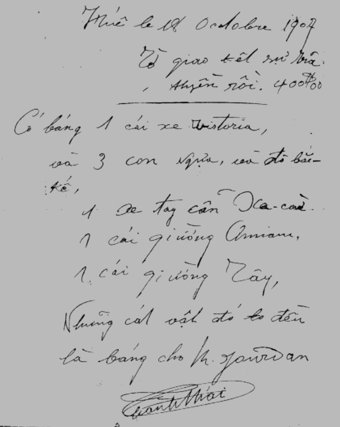 Thủ bút viết tay được cho là của vua Thành Thái ghi việc bán xe kéoẢnh do Trung tâm Bảo tồn di tích cố đô Huế cung cấp