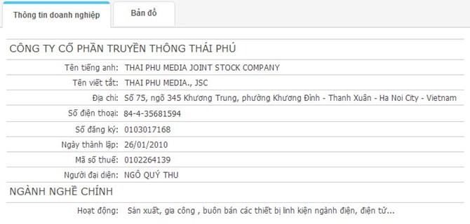 Truyền thông Thái Phú là ai? Theo nguồn tin mà BizLIVE tiếp cận được, Công ty cổ phần Truyền thông Thái Phú có địa chỉ trụ sở chính tại số 75, ngõ 345 Khương Trung, phường Khương Đình, quận Thanh Xuân, Hà Nội, đăng ký kinh doanh lần đầu ngày 17/5/2007. Thông tin về Thái Phú trên Vietnam Credit Một trong những ngành nghề kinh doanh mà công ty này đăng ký là sản xuất, gia công, buôn bán, cung cấp dịch vụ phần mềm máy tính, viễn thông, điều khiển. Như vậy, Thái Phú có chức năng sản xuất phần mềm, ứng dụng cho điện thoại di động. Vốn điều lệ của Thái Phú tính đến 12/10/2010 là 3 tỷ đồng, với 3 cổ đông sáng lập là Nguyễn Thị Thái (50%), Phạm Thị Thoa (45%) và Ngô Quý Thu (5%). Người đại diện theo pháp luật của Thái Phú là ông Ngô Quý Thu, có địa chỉ chỗ ở cùng địa chỉ với trụ sở công ty.