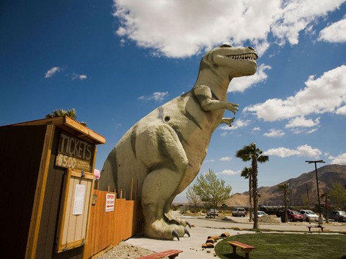 Khủng long kích thước như thật, California, Mỹ Với2 con khủng long có kích cỡ như thật, bảo tàngWorld's Biggest Dinosaurs khó có thể so sánh vớiJurassic Park. Nhưng nếu bạn muốn ngắmtoàn cảnh California, hãy leo lên chú khủng longMr. Rex và nhìn qua kẽ răng của nó. Bộ đôi với chú khủng long nàylàMs. Dinny,mô hình khủng long Apatosauruscao 46 m, nặng 150 tấn. Cả hai được thiết kế bởiClaude K. Bell. Sau khi ông mất vàonăm 1988,World's Biggest Dinosaursđược một nhóm tôn giáo tiếp quản và xây dựng thêm bảo tàng Creationist tại nơi đây.