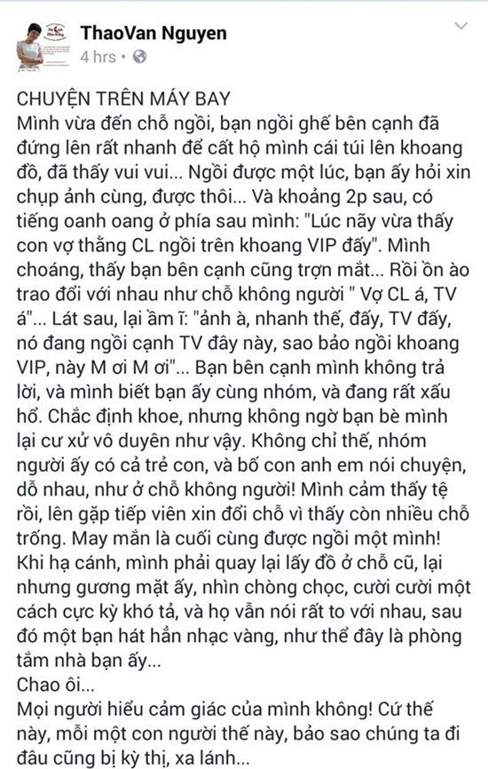 MC Thảo Vân bị tổn thương nặng nề trên máy bay ảnh 1 MC Thảo Vân bị tổn thương nặng nề trên máy bay ảnh 1