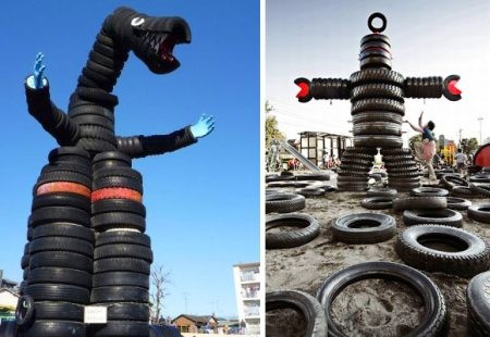 Mãn nhãn với tuyệt tác chế tạo từ lốp xe và rơm rạ của người Nhật  ảnh 1