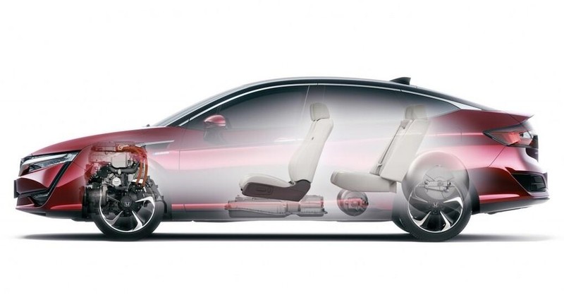 Cấu tạo cơ bản của Honda Clarity với bình nén hydro ở ghế sau, pin nhiên liệu dưới ghế trước. Cấu tạo cơ bản của Honda Clarity với bình nén hydro ở ghế sau, pin nhiên liệu dưới ghế trước.