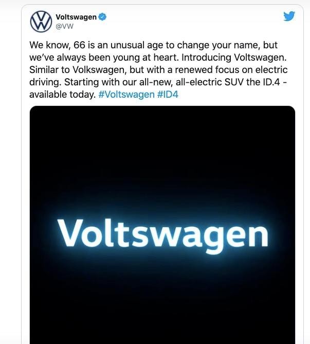 Sáng 30/3, hãng Volkswagen vẫn đăng dòng trạng thái kèm đoạn video về tên mới của hãng này lên trang Twitter. Ảnh: Twitter Sáng 30/3, hãng Volkswagen vẫn đăng dòng trạng thái kèm đoạn video về tên mới của hãng này lên trang Twitter. Ảnh: Twitter
