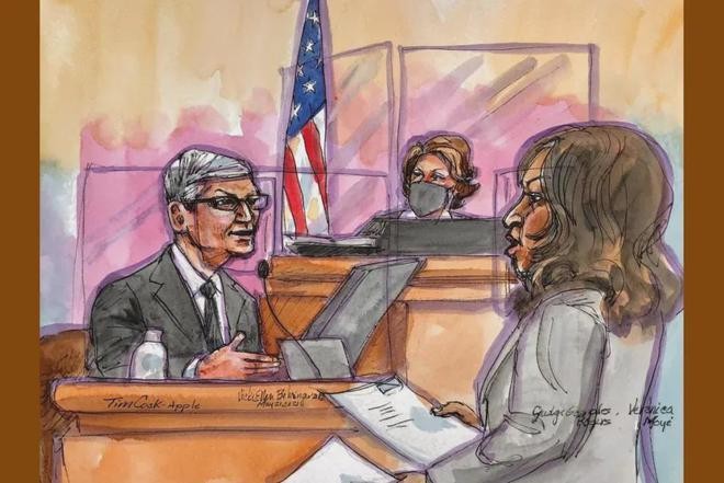 Ảnh minh họa CEO Tim Cook lập luận trước tòa trong vụ kiện với Epic Games.