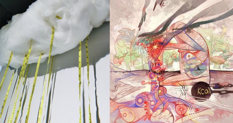 Trái: “” của Wang Yujie, phải: “Unwarranted Guilt” của Jilroy, tác phẩm nghệ thuật từ triển lãm “Anti Body-Shaming". Trái: “” của Wang Yujie, phải: “Unwarranted Guilt” của Jilroy, tác phẩm nghệ thuật từ triển lãm “Anti Body-Shaming".