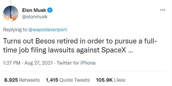 Ở đây, Musk cố tình viết sai chính tả tên của ông Bezos với hàm ý giễu cợt. Ở đây, Musk cố tình viết sai chính tả tên của ông Bezos với hàm ý giễu cợt.