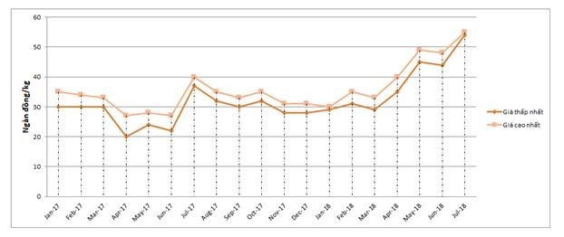 Diễn biến giá thịt lợn giai đoạn từ 1/2017 - 7/2108 (Nguồn: Tổng cục quản lý giá - Bộ Tài chính)