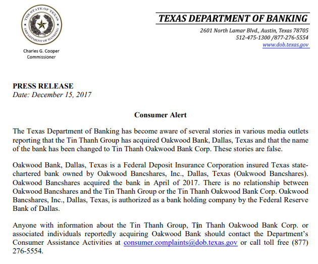 Cảnh báo của cơ quan quản lý lĩnh vực ngân hàng bang Texas, Mỹ có liên quan đến thông tin Tập đoàn Tín Thành thâu tóm ngân hàng Oakwood Bank Cảnh báo của cơ quan quản lý lĩnh vực ngân hàng bang Texas, Mỹ có liên quan đến thông tin Tập đoàn Tín Thành thâu tóm ngân hàng Oakwood Bank