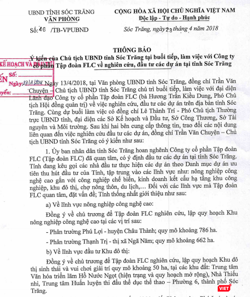 Ý kiến của Chủ tịch UBND tỉnh Sóc Trăng tại buổi tiếp, làm việc với CTCP Tập đoàn FLC về nghiên cứu, đầu tư các dự án tại tỉnh Sóc Trăng (Nguồn: VP - UBND tỉnh Sóc Trăng) Ý kiến của Chủ tịch UBND tỉnh Sóc Trăng tại buổi tiếp, làm việc với CTCP Tập đoàn FLC về nghiên cứu, đầu tư các dự án tại tỉnh Sóc Trăng (Nguồn: VP - UBND tỉnh Sóc Trăng)