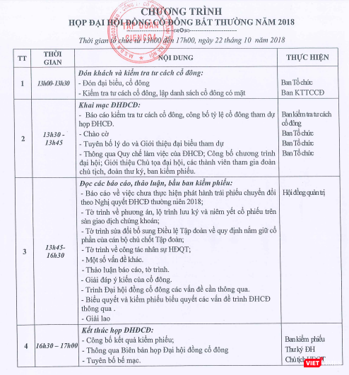 Chương trình họp Đại hội đồng cổ đông bất thường của Cienco4 diễn ra vào ngày 22/10/201 (Nguồn: Cienco4) Chương trình họp Đại hội đồng cổ đông bất thường của Cienco4 diễn ra vào ngày 22/10/201 (Nguồn: Cienco4)