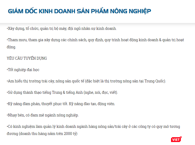Một phần thông báo tuyển dụng Giám đốc kinh doanh sản phẩm nông nghiệp của Thaco (Nguồn: Thaco) Một phần thông báo tuyển dụng Giám đốc kinh doanh sản phẩm nông nghiệp của Thaco (Nguồn: Thaco)