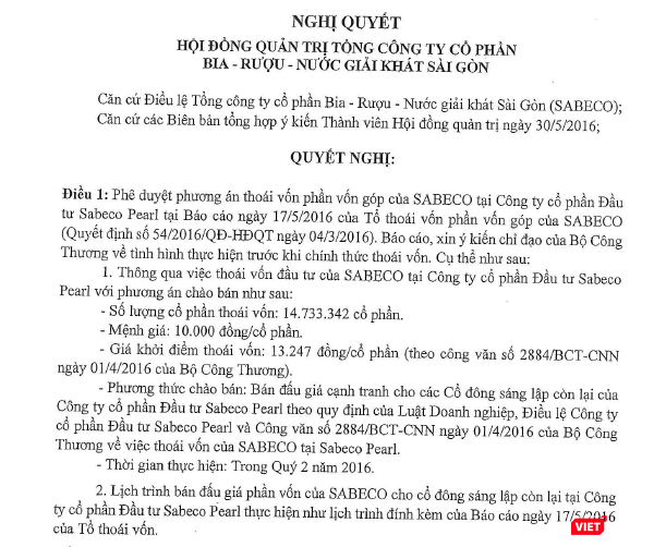 Quyết định thoái vốn của Sabeco tại Sabeco Pearl (Nguồn: SAB) Quyết định thoái vốn của Sabeco tại Sabeco Pearl (Nguồn: SAB)