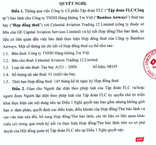 Nội dung Nghị quyết của HĐQT FLC thông qua bảo lãnh cho Công ty TNHH Hàng không Tre Việt thuê máy bay A321 - 200N của Celestial Aviation Trading 12 Limited (Nguồn: FLC) Nội dung Nghị quyết của HĐQT FLC thông qua bảo lãnh cho Công ty TNHH Hàng không Tre Việt thuê máy bay A321 - 200N của Celestial Aviation Trading 12 Limited (Nguồn: FLC)