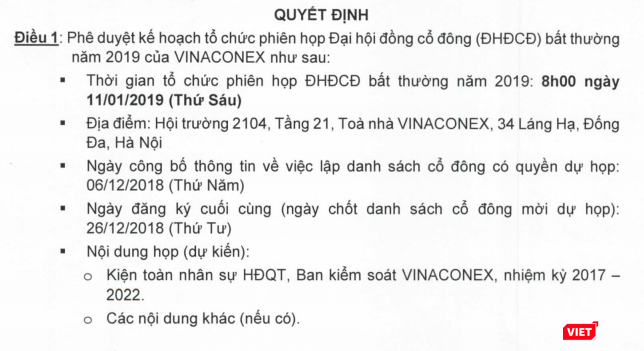 Một phần nội dung Quyết định số 0401/2018/QĐ-HĐQT ngày 6/12/2018 về việc thông qua kế hoạch tổ chức phiên họp Đại hội đồng cổ đông bất thường năm 2019 của Vinaconex (Nguồn: VCG)