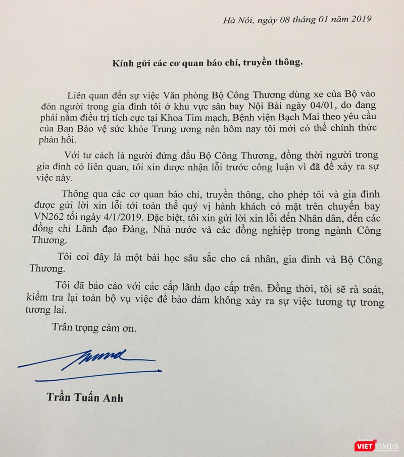 Bức thư xin lỗi của Bộ trưởng Bộ Công Thương (Nguồn: moit.gov.vn)