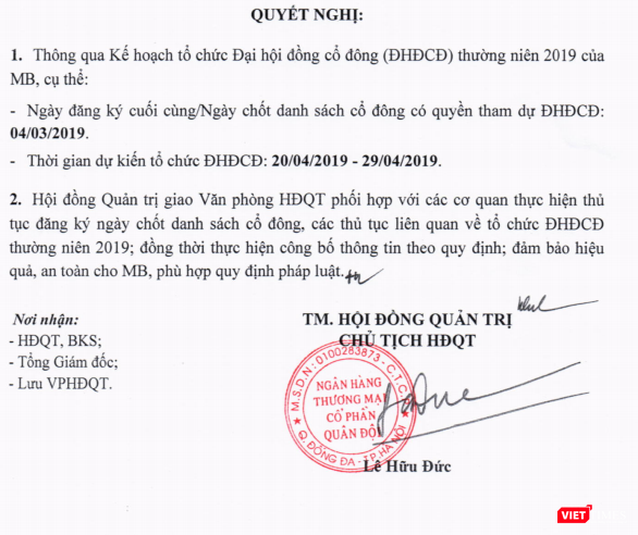 Nội dung nghị quyết của HĐQT Ngân hàng TMCP Quân Đội về kế hoạch tổ chức ĐHĐCĐ thường niên năm 2019 (Nguồn: HSX) Nội dung nghị quyết của HĐQT Ngân hàng TMCP Quân Đội về kế hoạch tổ chức ĐHĐCĐ thường niên năm 2019 (Nguồn: HSX)