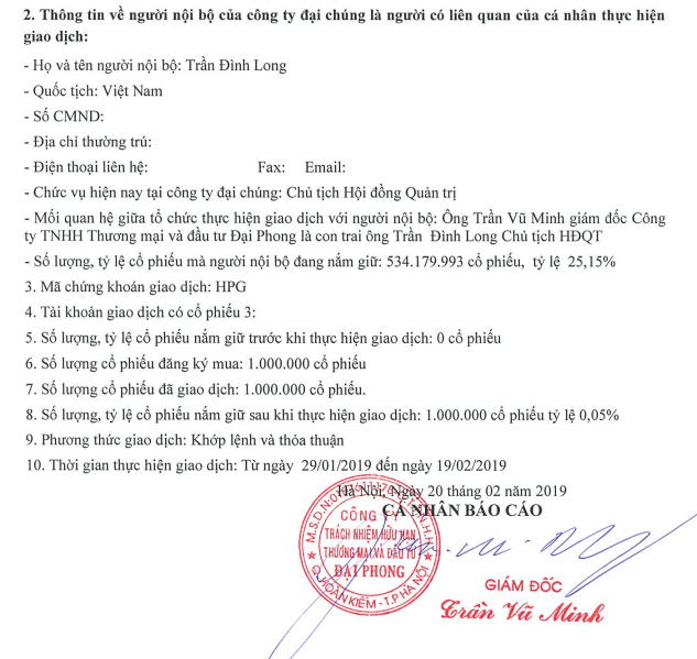 Một phần nội dung báo cáo giao dịch của Công ty TNHH Thương mại và đầu tư Đại Phong gửi Sở Giao dịch Chứng khoán TP. HCM (Nguồn: HSX)