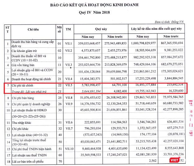 Chi phí lãi vay của Haihaco tăng nhanh trong năm 2018 vừa qua (Nguồn: HHC)