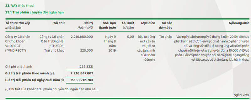Thông tin về lô trái phiếu chuyển đổi có giá trị hơn 2.216 tỷ đồng do HNG phát hành mà Thaco đang nắm giữ (Nguồn: HNG)