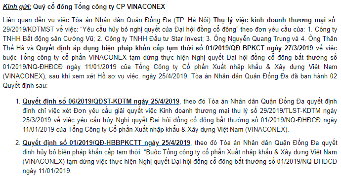 Nội dung công bố thông tin của Vinaconex liên quan đến các quyết định của TAND Quận Đống Đa (Nguồn: Vinaconex)