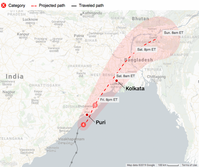 Dự báo đường đi của siêu bão Fani (Nguồn: CNN) Dự báo đường đi của siêu bão Fani (Nguồn: CNN)