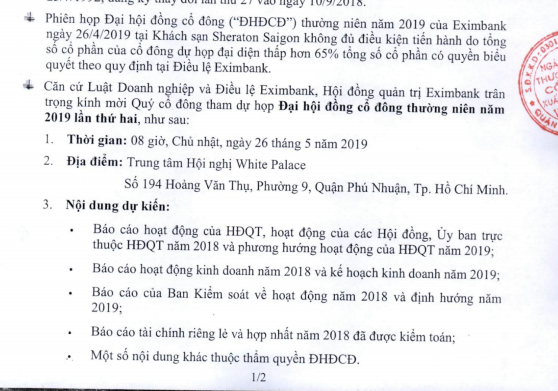Nội dung thư mời họp ĐHĐCĐ lần 2 của Eximbank (Nguồn: EIB)