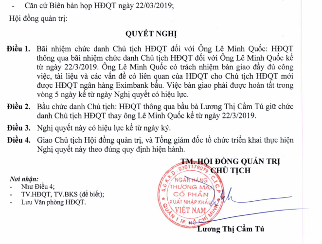 Nội dung Nghị quyết số 112/2019/EIB/NQ-HĐQT (Nguồn: EIB) Nội dung Nghị quyết số 112/2019/EIB/NQ-HĐQT (Nguồn: EIB)