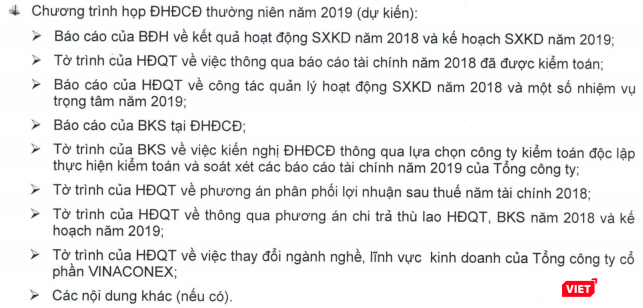 Nội dung dự kiến sẽ được trình cổ đông thông qua tại cuộc họp ĐHĐCĐ thường niên 2019 được tổ chức ngày 28/6/2019 của Vinaconex (Nguồn: VCG) Nội dung dự kiến sẽ được trình cổ đông thông qua tại cuộc họp ĐHĐCĐ thường niên 2019 được tổ chức ngày 28/6/2019 của Vinaconex (Nguồn: VCG)