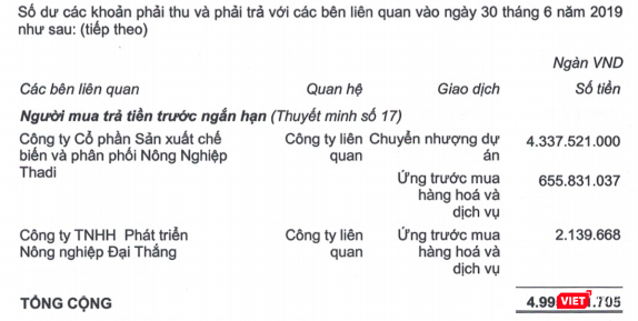 CTCP Sản xuất chế biến và phân phối Nông Nghiệp Thadi đã trả trước cho HNG 4.337,5 tỷ đồng trong Quý 2/2019 (Nguồn: HNG)