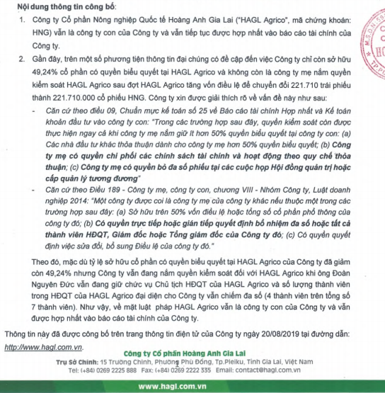 Nội dung công bố thông tin của HAG (Nguồn: HAGL)