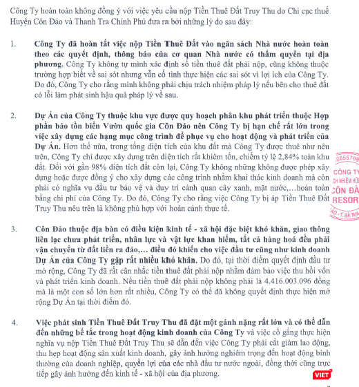 Côn Đảo Resort nêu rõ 4 lý do không đồng ý với yêu cầu nộp thêm tiền thuê đất truy thu của Chi cục thuế Huyện Côn Đảo và Thanh tra Chính Phủ